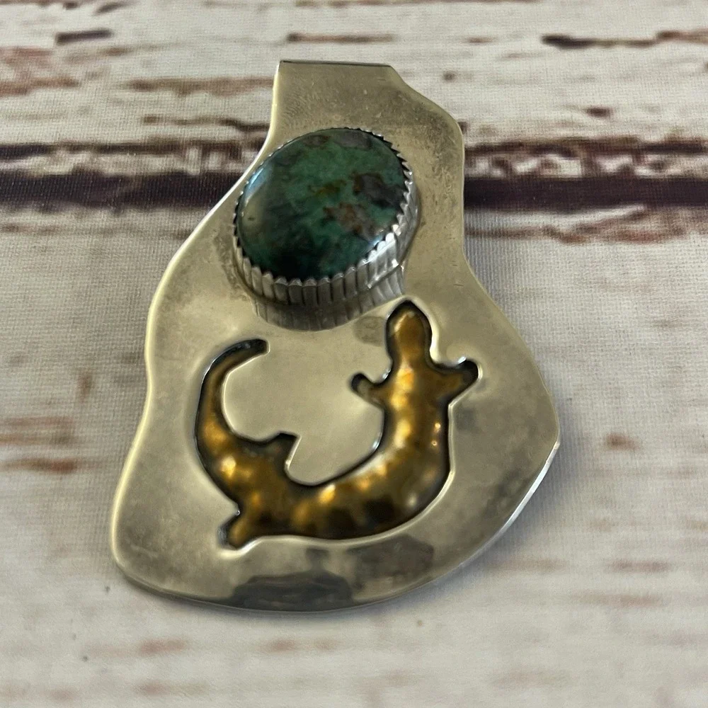 Native American Handmade‎ Sterling Silver Brass Turquoise Salamander Money Clip
